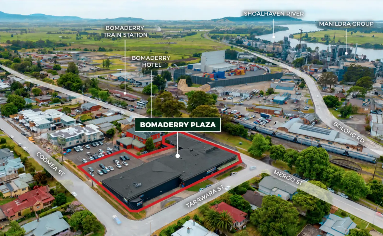 Aerial view showing Bomaderry Plaza outlined in red at the corner of Meroo and Tarawarra Streets, opposite Bomaderry Station